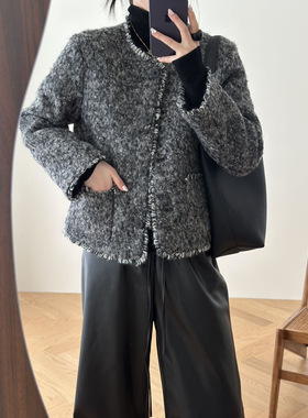 小香风90白鸭绒羽绒服外套女25秋冬编织圆领亮丝毛呢灰色上衣9377