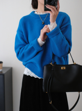 羊毛混纺加厚克莱因蓝显白毛衣女百搭圆领针织衫秋冬慵懒毛衣9222