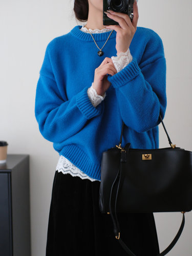 羊毛混纺加厚克莱因蓝显白毛衣女百搭圆领针织衫秋冬慵懒毛衣9222