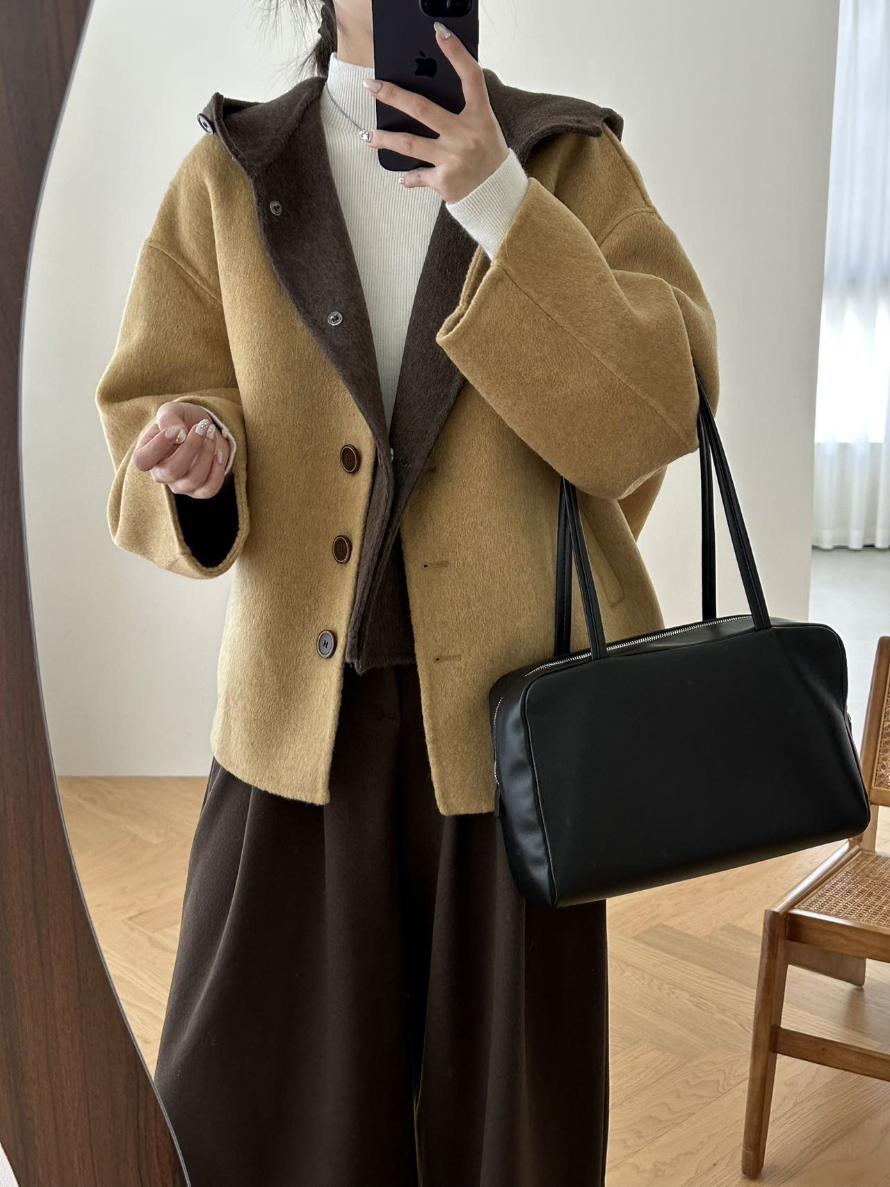 韩系V领阔形双面羊毛呢大衣女冬撞色连帽毛呢外套马甲两件套9496