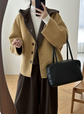韩系V领阔形双面羊毛呢大衣女冬撞色连帽毛呢外套马甲两件套9496
