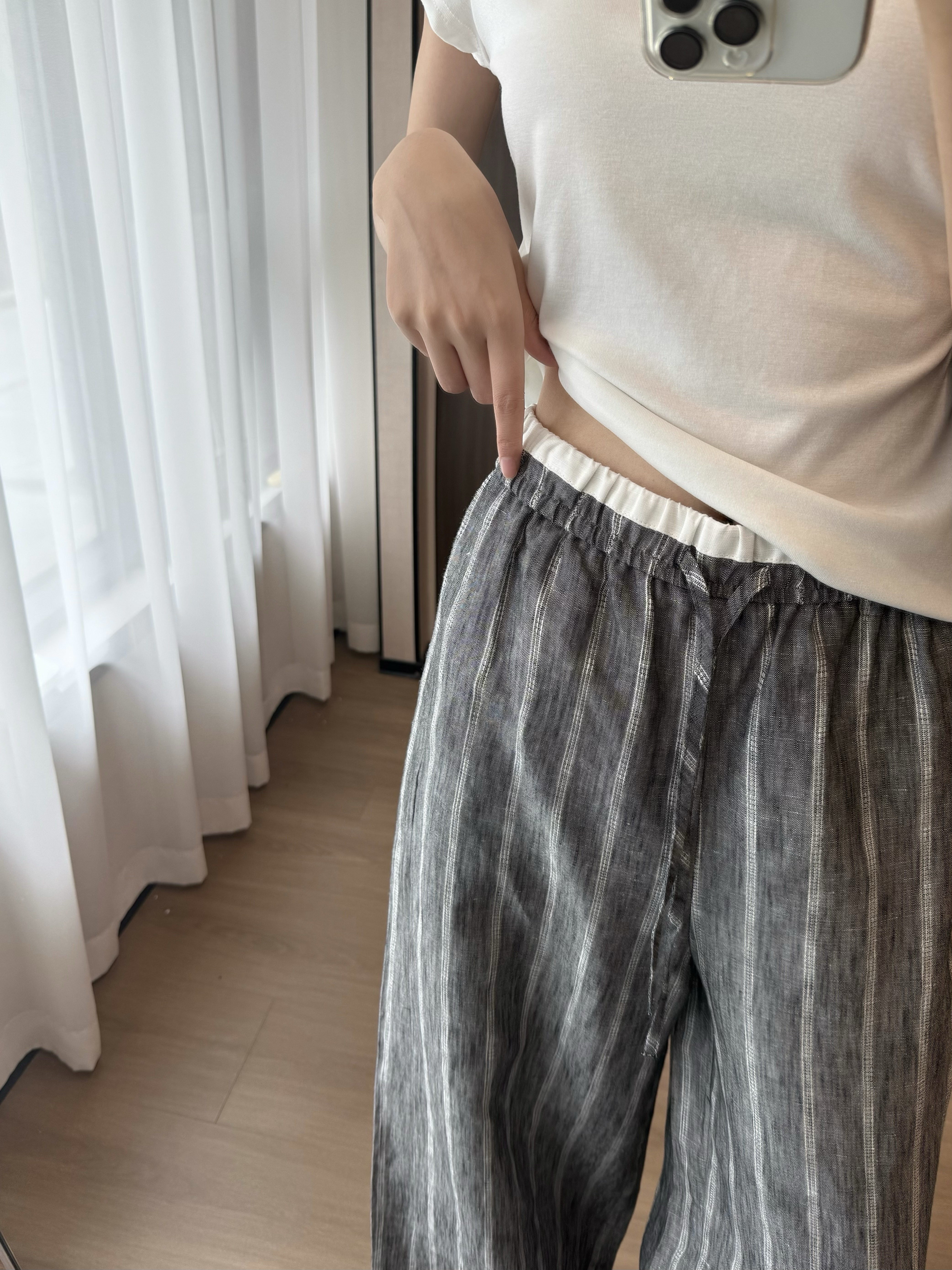 老钱风天丝亚麻竖条纹阔腿裤女2026夏宽松显瘦百搭长裤休闲裤3073