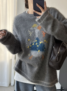 100%绵羊毛拉毛毛衣女25冬卡通可爱鸭提花休闲宽松显瘦羊毛衫9703