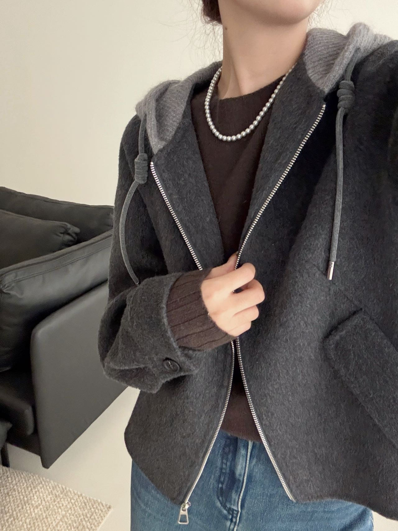 100绵羊毛连帽呢子外套女26秋冬新款撞色百搭双面呢羊毛大衣0252