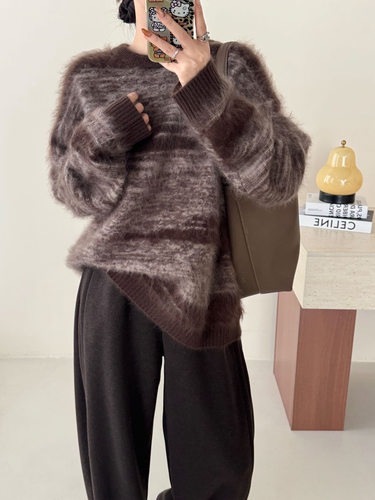 烟云羊绒毛衣  水墨国风拉绒宽松圆领针织衫显瘦百搭高级上衣8182