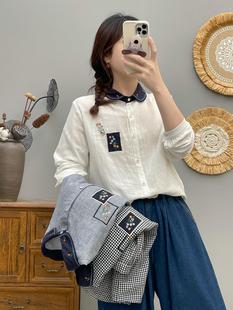 翻领百搭显瘦衬衣9530 女 文艺复古贴补刺绣色织双层棉纱长袖 衬衫