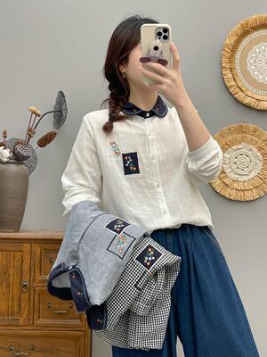 文艺长袖双层棉纱刺绣衬衫女