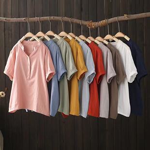 宽松大码 纯色双层棉纱女士V领衬衫 纯棉套头上衣J 短袖 日系新款