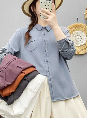 25上新文艺百搭磨毛棉翻领长袖纯棉衬衫女宽松休闲纯色衬衣86305
