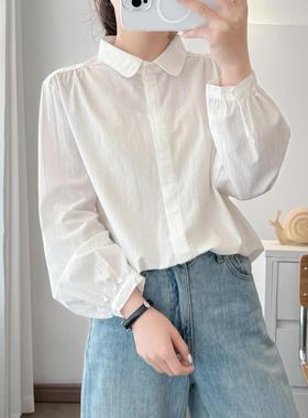 2025纯棉小众设计感圆领白衬衫女翻领百搭休闲长袖打底衬衣X255