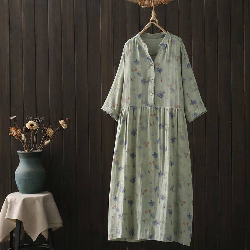 文艺复古花朵印花V领宽松五分袖衬衫裙女士双层棉纱中长款连衣裙J