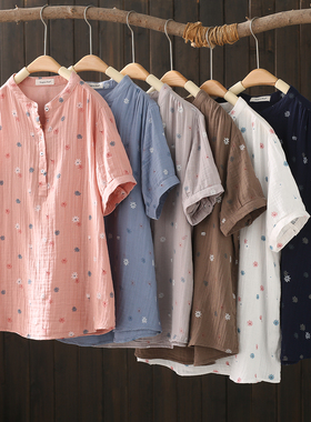 文艺复古小碎花印花立领双层棉纱短袖衬衫女宽松休闲套头上衣J005