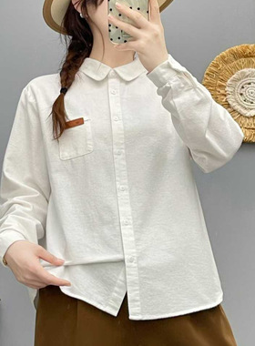 文艺百搭贴标磨毛棉长袖衬衫女秋厚款纯棉休闲宽松上衣衬衣22331