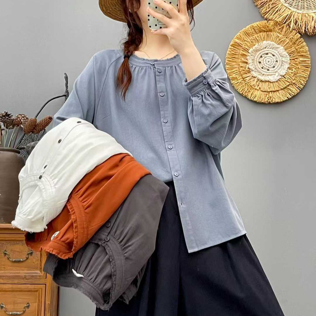 圆领磨毛棉宽松休闲长袖衬衫女纯棉百搭衬衣纯色上衣XQ86288