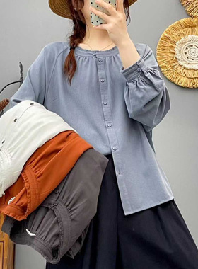 圆领磨毛棉宽松休闲长袖衬衫女纯棉百搭衬衣纯色上衣XQ86288