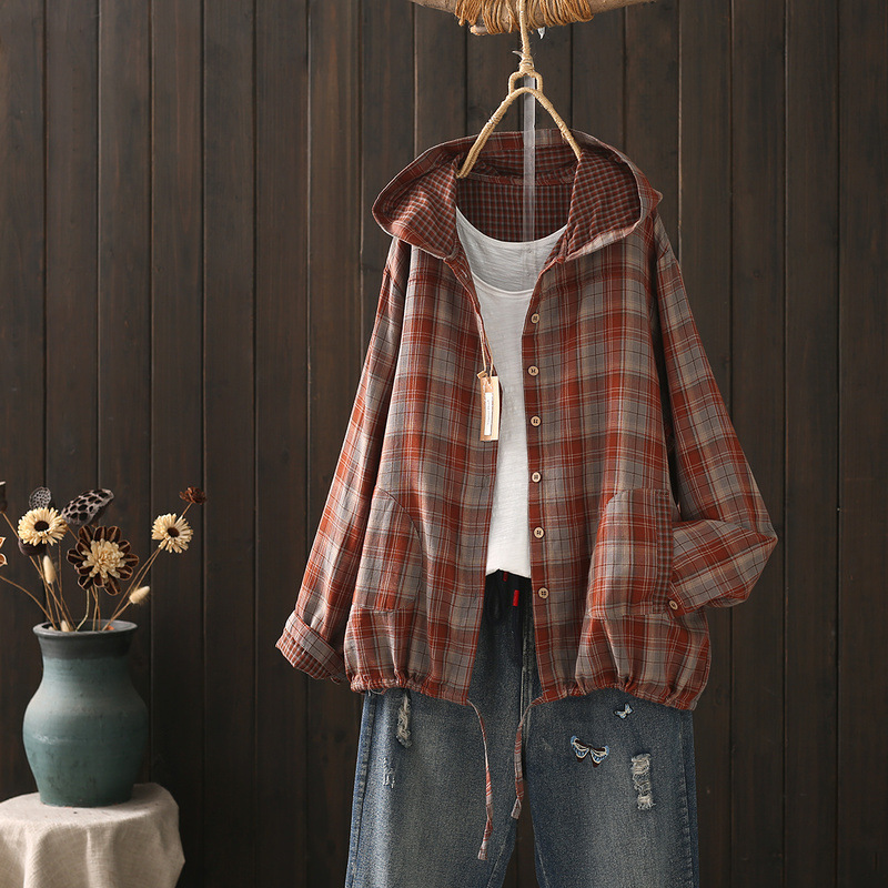 文艺范复古色织格子连帽衫女双层纱宽松休闲薄款开衫显瘦短外套J