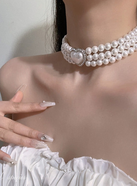 女团风爱心珍珠耳环项链耳夹