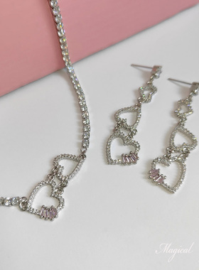 甜美教主爱心套装项链耳环有耳夹