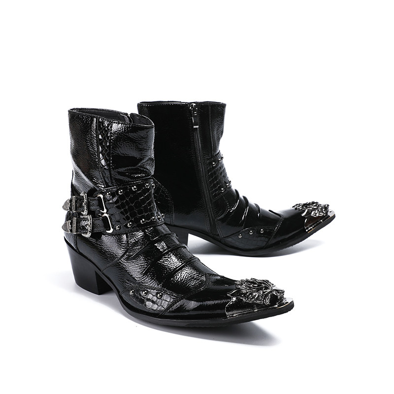 外贸尖头牛皮男靴个性高跟骑士靴铁头男鞋欧美美发师高帮黑色靴子