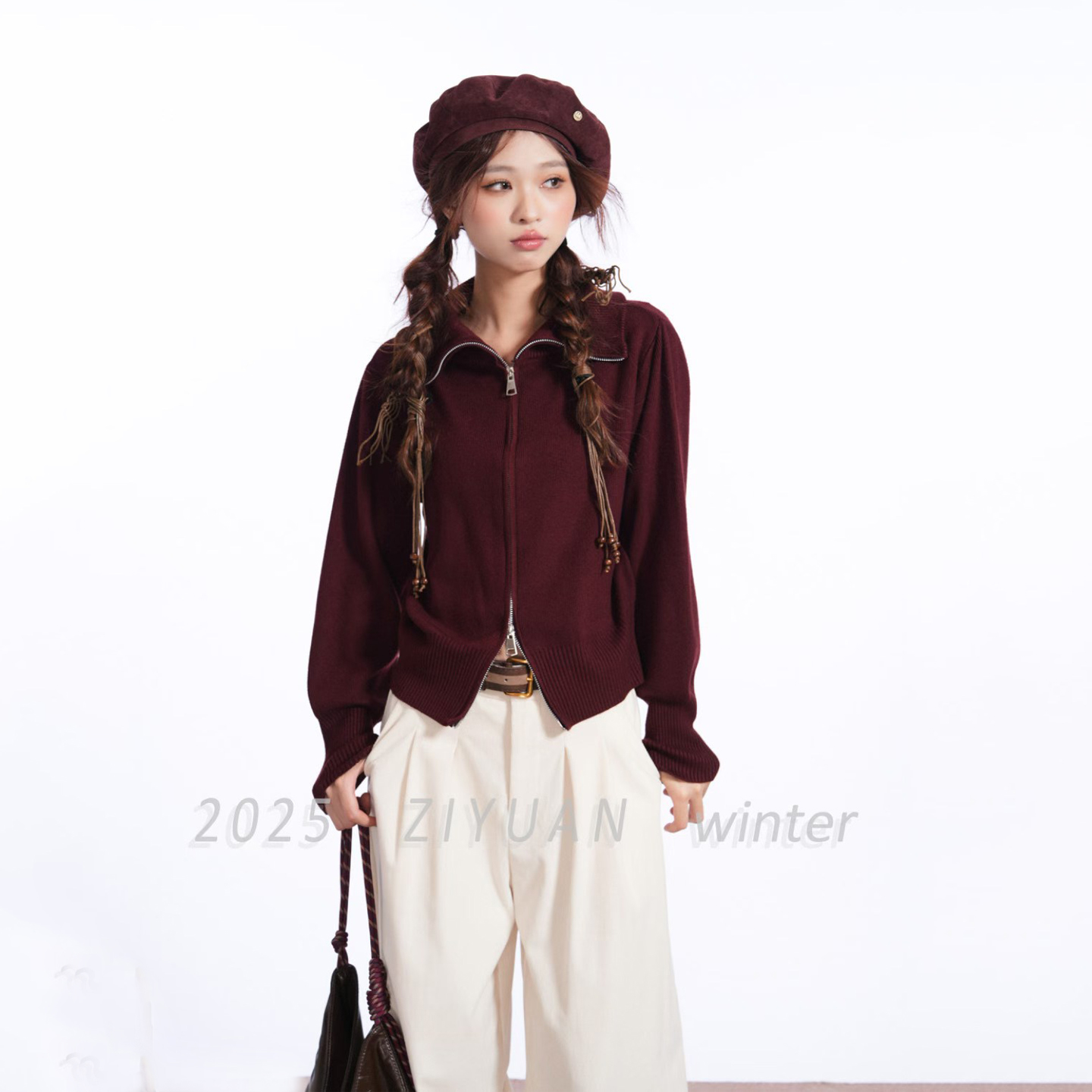 韩系双拉链休闲针织开衫毛衣外套