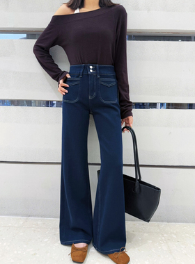 IEZ双排扣高腰微喇牛仔裤女2025新款加绒双口袋不贴腿直筒喇叭裤