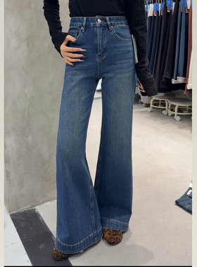 iez加绒复古蓝色微喇牛仔裤2025秋冬新款高腰显瘦弹力拖地喇叭裤