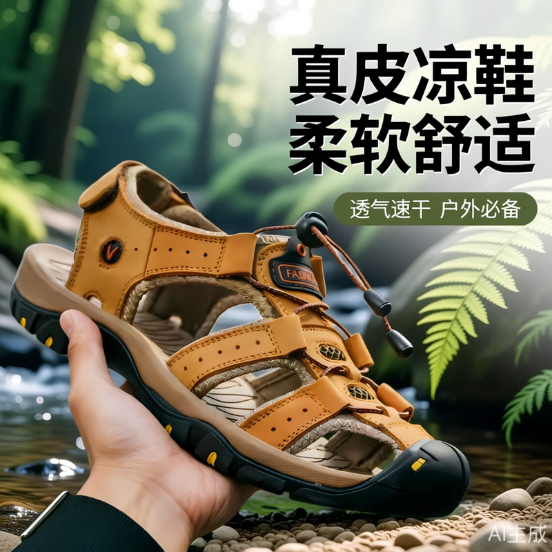 男士凉鞋夏季男款沙滩休闲鞋牛皮透气防滑耐磨橡胶底户外男皮凉鞋