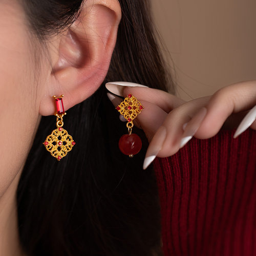 New Chinese style asymmetrical retro hollow earrings