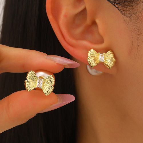 复古镶锆石蝴蝶结香槟色珍珠耳环