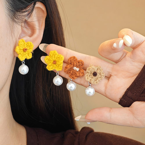 银针梅花珍珠吊坠耳钉女