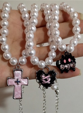 哥特复古粉十字猫吊坠项链