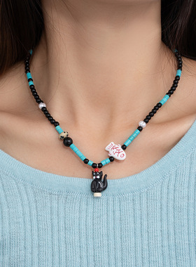 新款串珠小猫爱吃鱼锁骨项链女