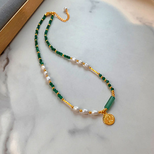 Pearl green stone metal pendant necklace woman 项链全新铜