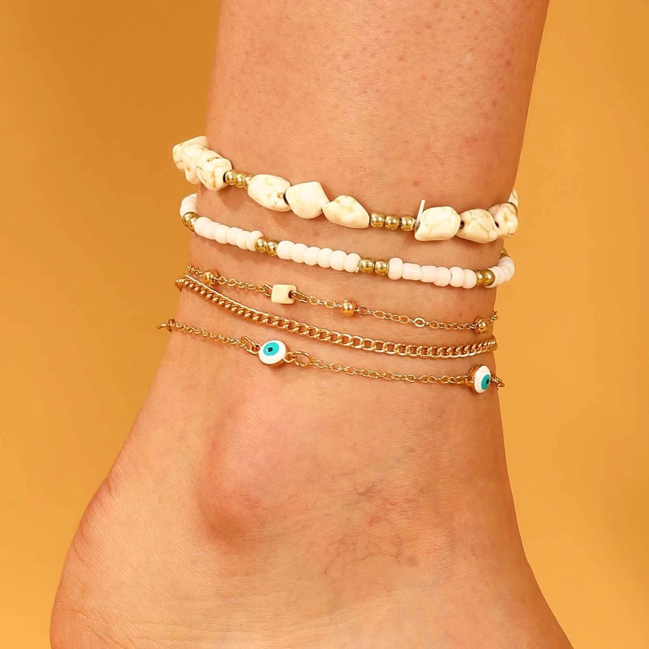 欧美波西米亚度假风多层串珠脚链