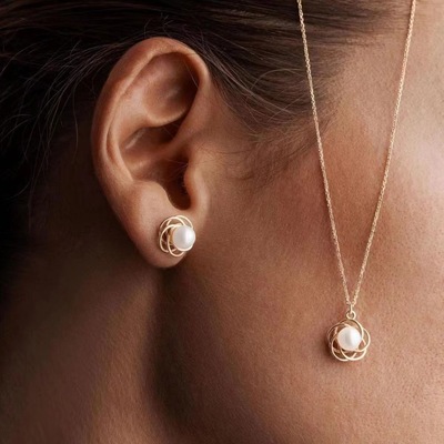 跨境珍珠线条缠绕山茶花朵项链