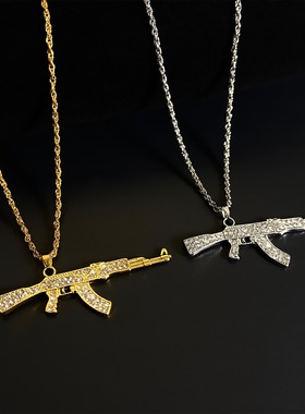 跨境朋克嘻哈满钻冲锋枪项链