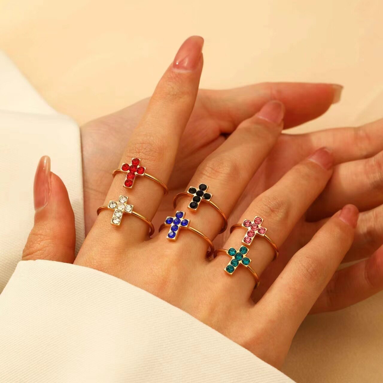 New simple cross set rhinestone open plated popular ring