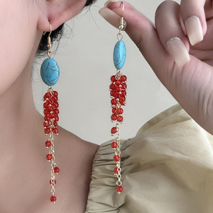 New Chinese style pomegranate red long tassel earrings women