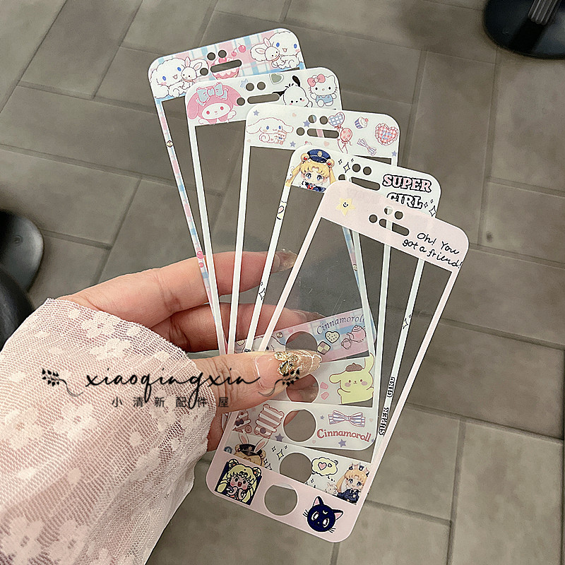 美少女战士适用苹果4/4S/5/5S可爱玉桂狗钢化玻璃贴膜卡通新款iPhone6/7/8plus全屏彩色手机彩膜SE2/3