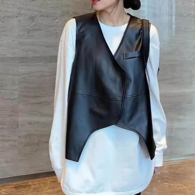 欧货港风设计不规则无袖pu马甲女2025春秋季宽松休闲百搭马夹外套