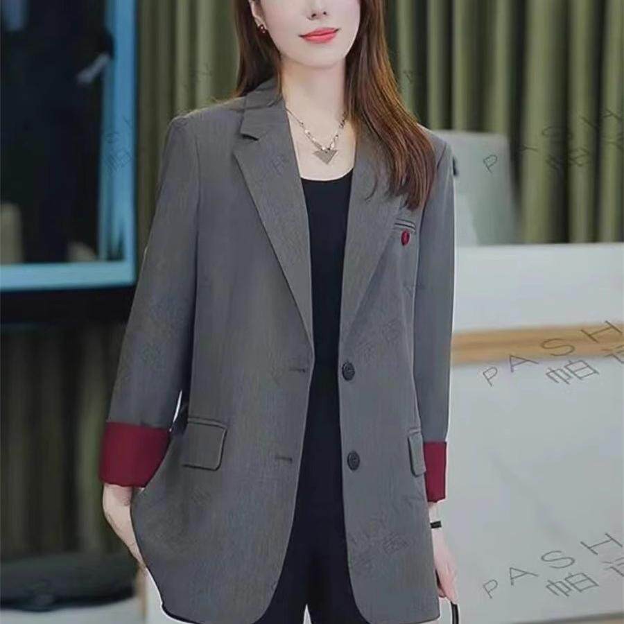 2025春新款廓形宽松气质灰色西装外套女高级感安可拉红拼接小西服