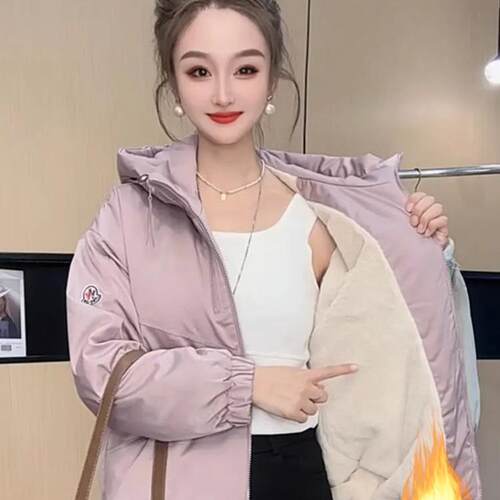 短款加绒加厚连帽冲锋衣外套女2025秋冬季新款小个子百搭棉服上衣