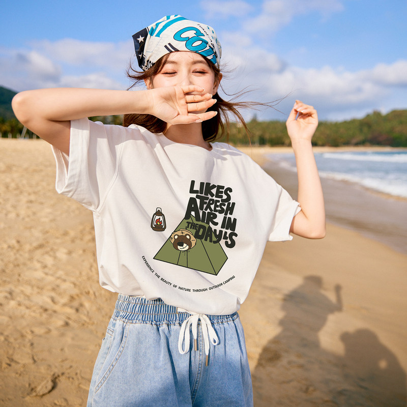 唐狮2024夏季新款短袖T恤女小众圆领纯棉宽松上衣女时髦百搭sz