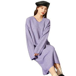 唐狮紫色连帽打底连衣裙女秋冬针织长裙小个子长袖秋装新款女装q2