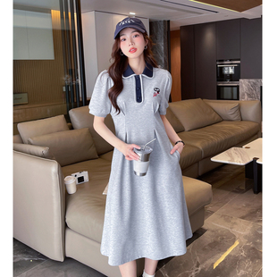 唐狮短袖polo领连衣裙2026新款女夏灰色收腰显瘦百褶裙休闲裙子t1
