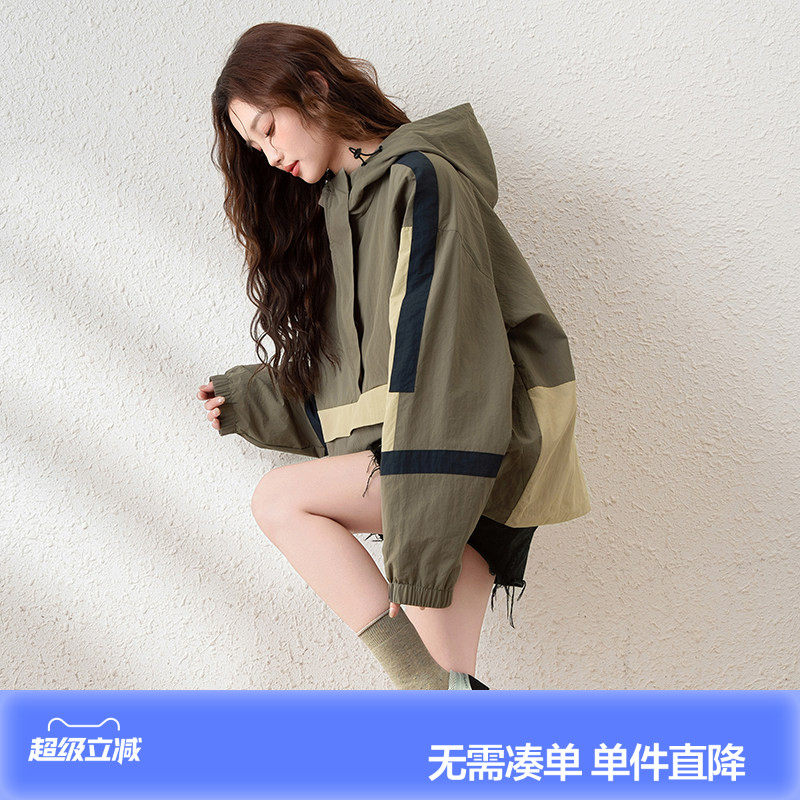 唐狮早春新款外套女连帽工装港风上衣chic撞色冲锋少年休闲k