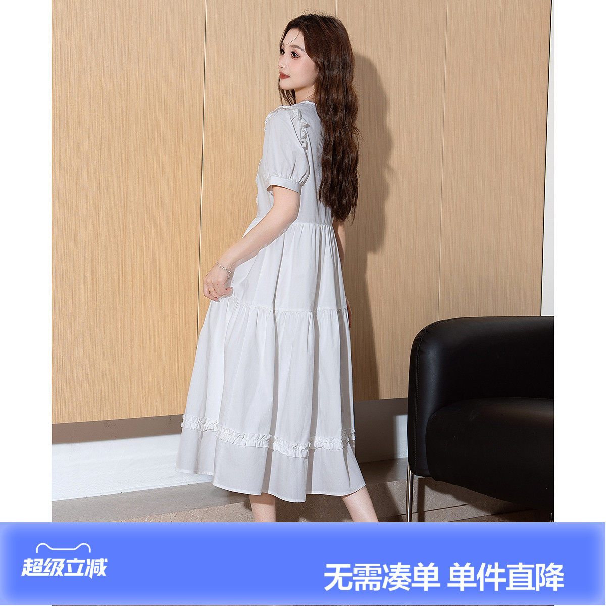 唐狮夏季女圆领泡泡袖短袖连衣裙白色连衣长裙仙女泡泡袖裙子