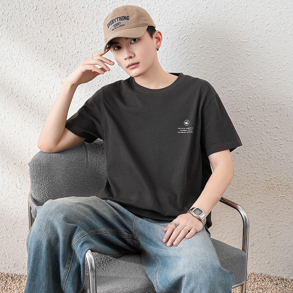 唐狮2025春夏新款男短袖T恤纯色宽松圆领上衣简约内搭潮流打底衫t