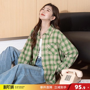 女绿色格纹翻领复古百搭休闲上衣bl 格子衬衫 唐狮2026新款 长袖