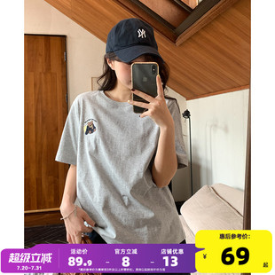 纯棉圆领休闲简约 yoe短袖 t恤女灰色上衣小狗刺绣夏季 新款 宽松女装